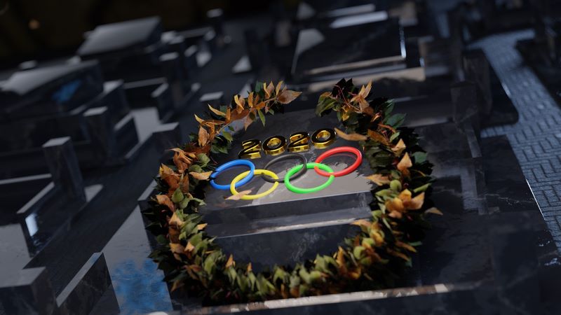 ２０２０オリンピックマークのレリーフと月桂冠