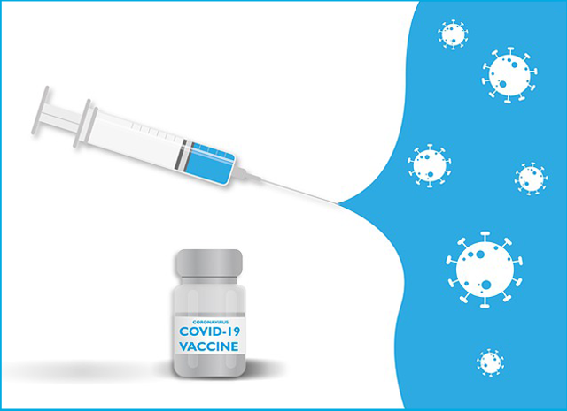 新型コロナウイルス（COVID-19）を注射から水色のワクチンで包み込むイラスト。
