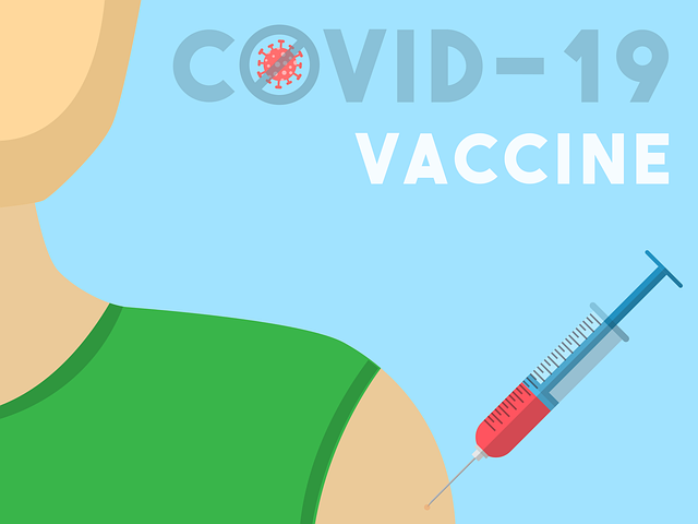 新型コロナウイルス（COVID-19）のワクチン接種を受けるノースリーブシャツの男性の肩のシンプルイラスト
