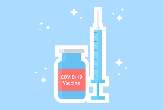 新型コロナウイルス（COVID-19）のワクチンボトルと注射のシンプルタッチのイラスト。