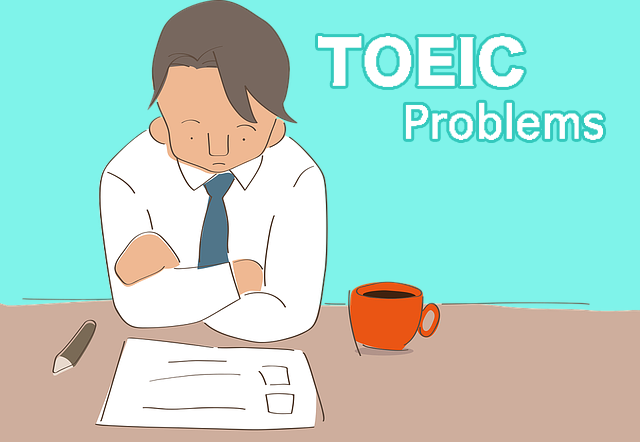 TOEIC Problemsのロゴと、コーヒーの載ったデスクで、腕を組みながら書類を見つめて考え込むビジネスマンのシンプルイラスト。