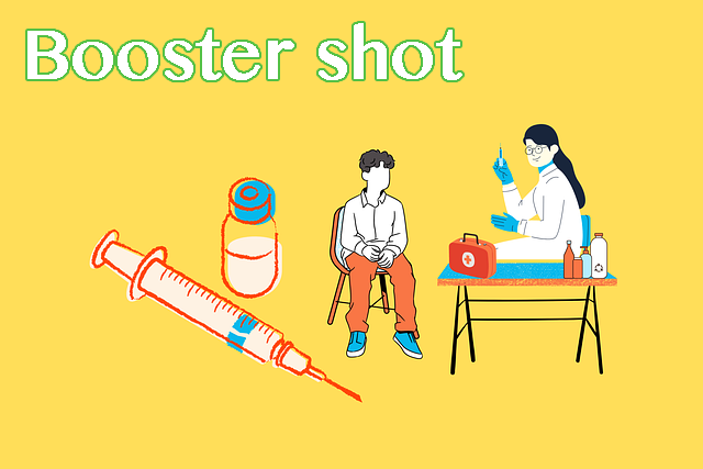 Boostershotと書かれた黄色バックのワクチンを受ける男子とメガネの女医の手書き風イラスト