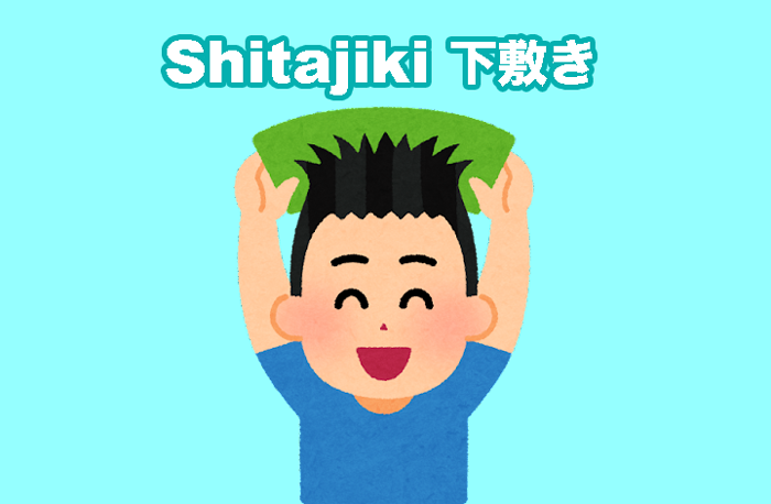 下敷きに静電気で髪を吸い付かせて遊ぶ少年のイラスト。背景にShitajikiの英語レタリング。